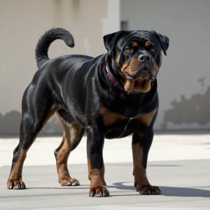 Alert muscular Rottweiler standing outdoors, black and tan working dog breed