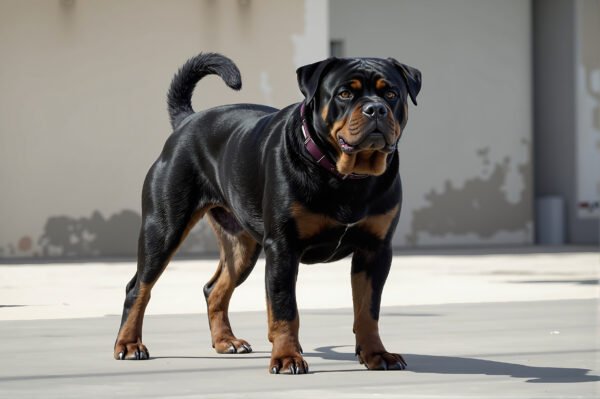 Alert muscular Rottweiler standing outdoors, black and tan working dog breed