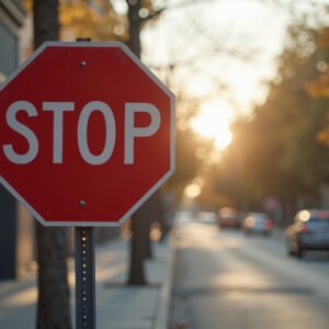 A close-up photograph of a stop sign at a urban street