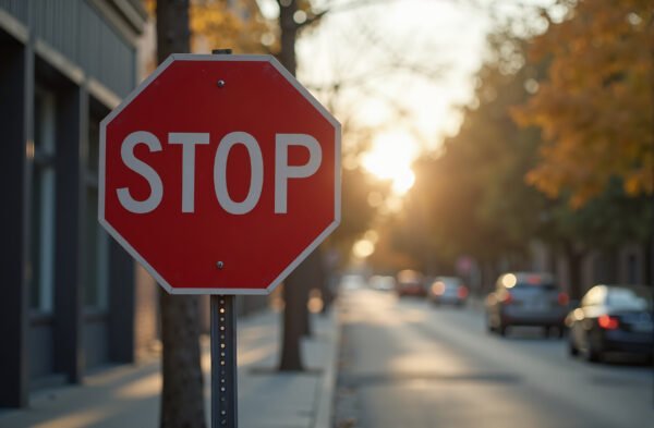 A close-up photograph of a stop sign at a urban street