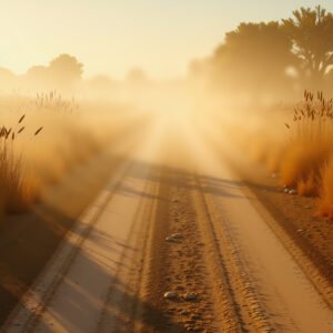 Dusty summer road in a dry countryside, golden grass swaying in the heat, long shadows stretching across the dirt path