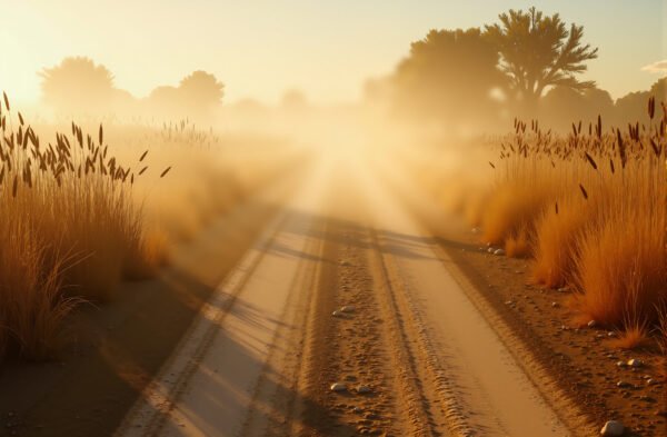 Dusty summer road in a dry countryside, golden grass swaying in the heat, long shadows stretching across the dirt path