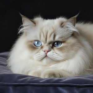 Persian cat with blue eyes resting on a velvet cushion, long white fur, expressive flat face