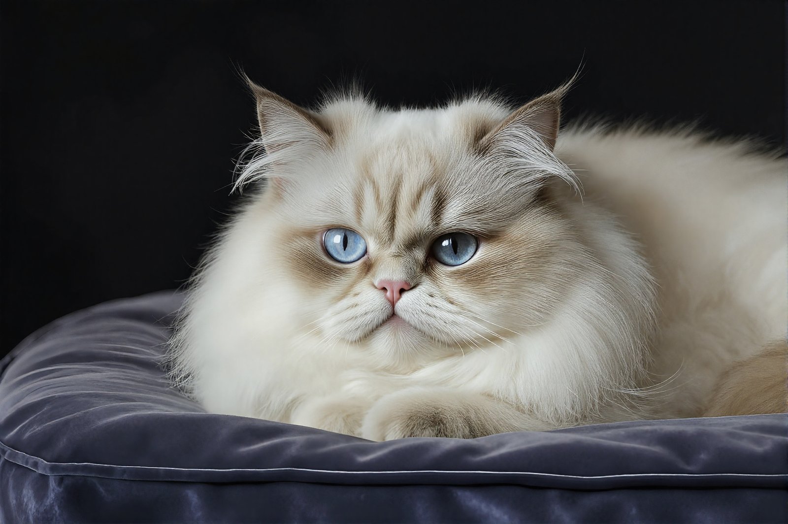Persian cat with blue eyes resting on a velvet cushion, long white fur, expressive flat face