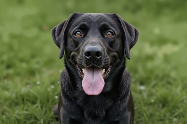 Photorealistic portrait of a Labrador Retriever sitting on green grass, tongue out, soft natural light, sharp fur detail