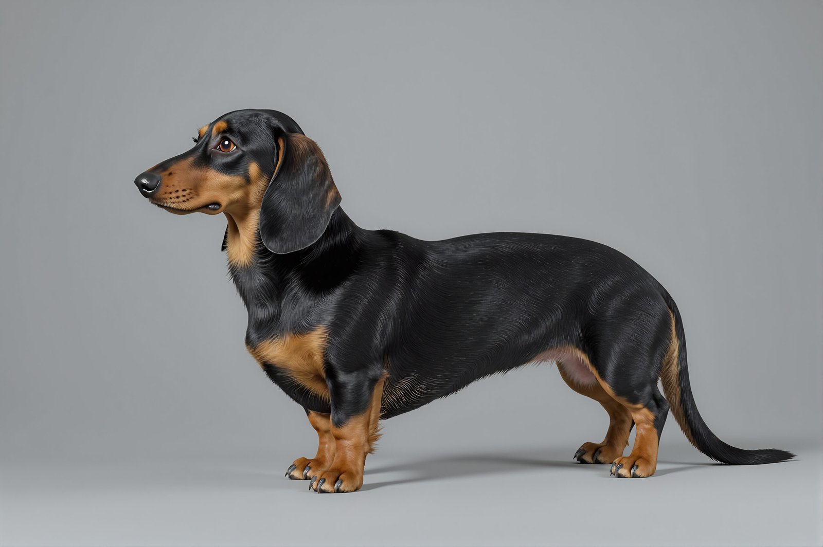 Dachshund standing sideways with curved back