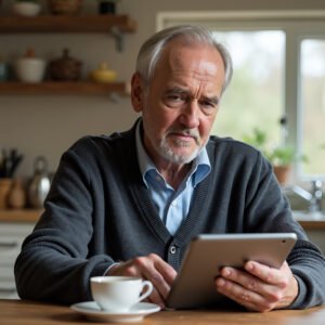 Elderly man in a cardigan using a tablet at the kitchen table, a cup of tea beside him, focused expression