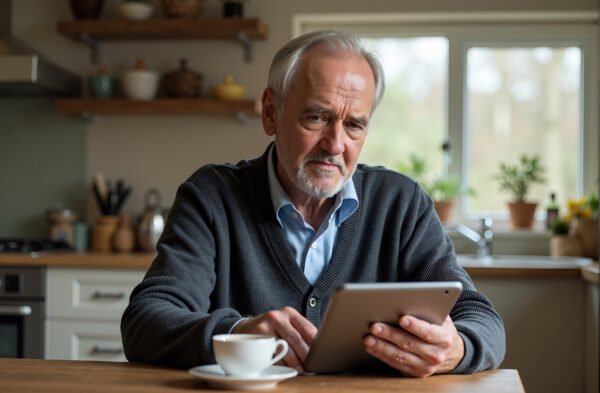 Elderly man in a cardigan using a tablet at the kitchen table, a cup of tea beside him, focused expression