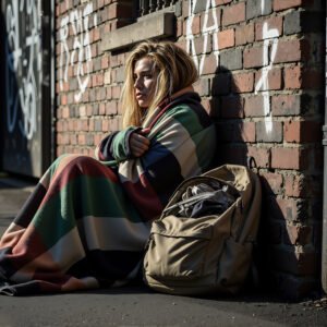 Realistic photo of a young homeless woman sitting near a brick wall, wrapped in a blanket