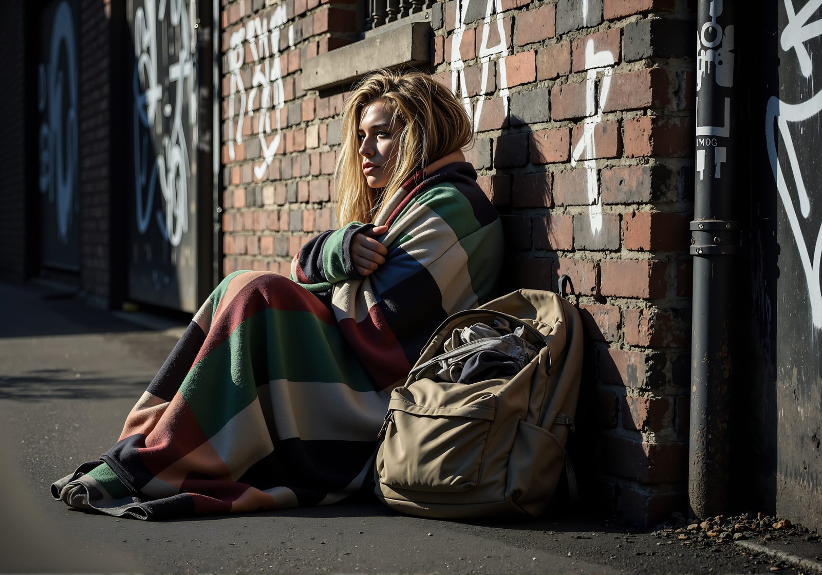 Realistic photo of a young homeless woman sitting near a brick wall, wrapped in a blanket