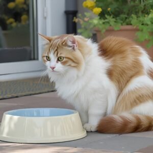 Turkish Van cat near a water bowl, semi-long coat with white and red patches, standing on a patio