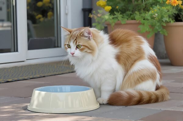 Turkish Van cat near a water bowl, semi-long coat with white and red patches, standing on a patio