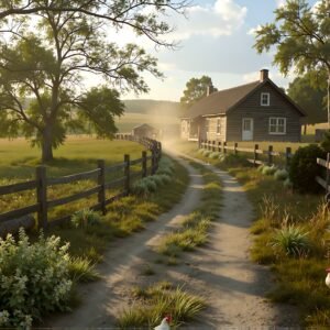 A rustic trail leading to a small countryside farmhouse, with chickens pecking near the fence, early morning light.