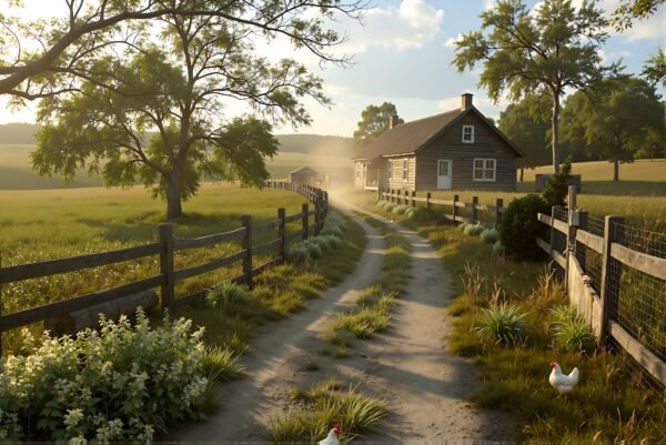 A rustic trail leading to a small countryside farmhouse, with chickens pecking near the fence, early morning light.
