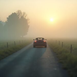 A lone car driving down a misty country road at dawn, fog hanging low over green pastures, trees fading into the distance