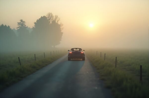 A lone car driving down a misty country road at dawn, fog hanging low over green pastures, trees fading into the distance