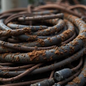 Scrap metal wires and cables with heavy rust buildup, tangled in a heap with dirt and debris around