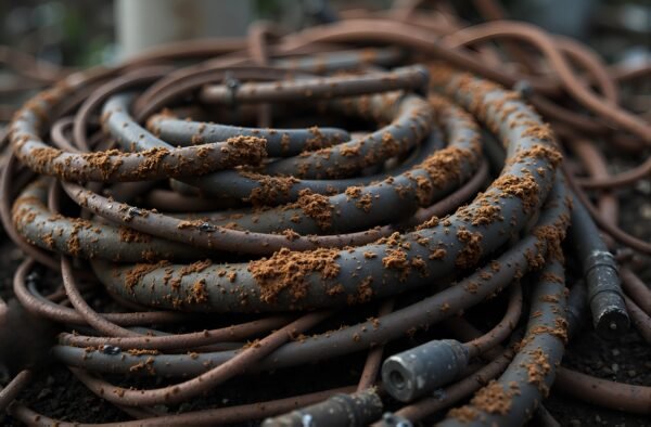 Scrap metal wires and cables with heavy rust buildup, tangled in a heap with dirt and debris around