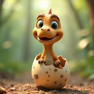 3D cartoon baby dinosaur hatching from egg