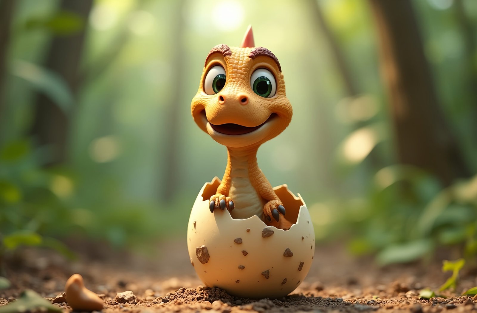 3D cartoon baby dinosaur hatching from egg