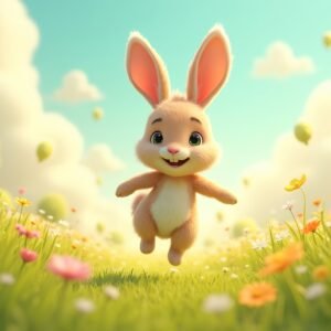 3D cartoon bunny jumping in colorful meadow