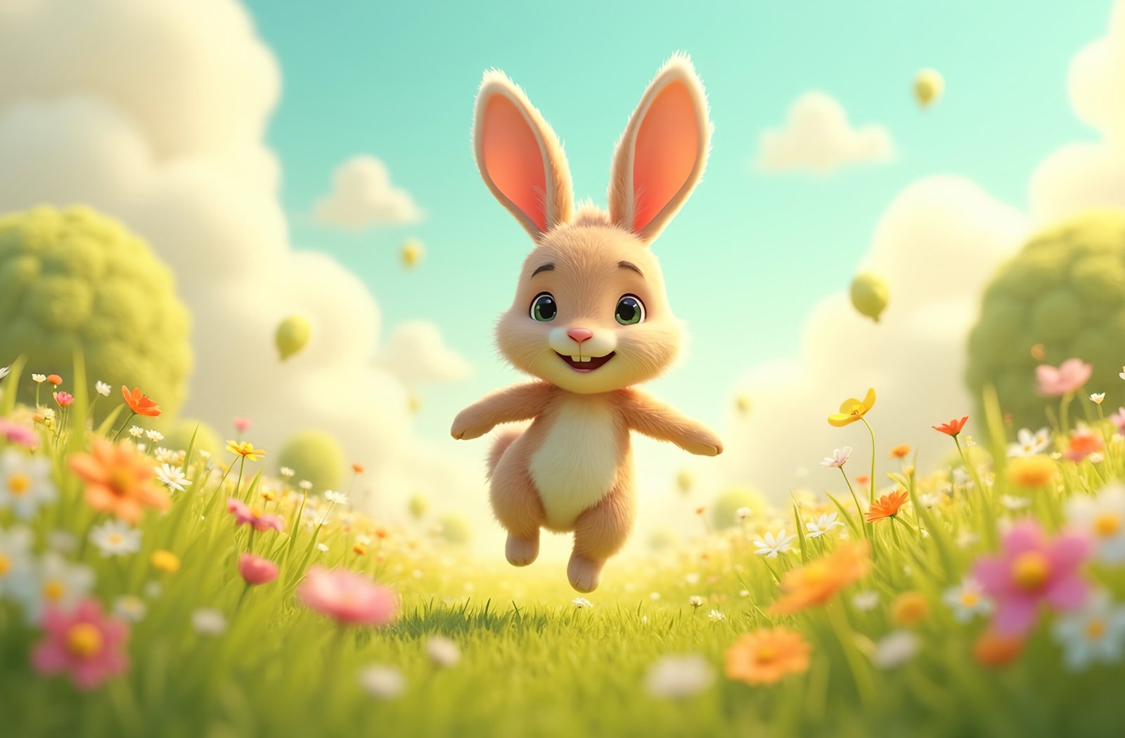 3D cartoon bunny jumping in colorful meadow