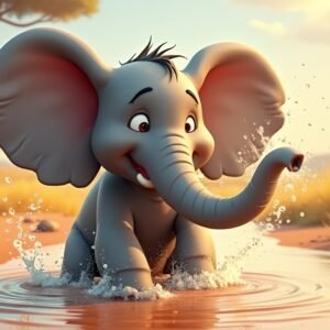 3D cartoon baby elephant splashing water from its trunk in savannah landscape