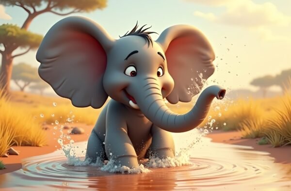 3D cartoon baby elephant splashing water from its trunk in savannah landscape