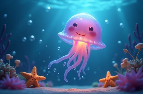 3D cartoon jellyfish floating underwater with pastel-colored tentacles