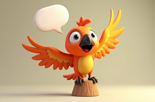 3D cartoon parrot on wooden stand with speech bubble above its head