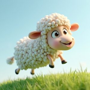 3D sheep with fluffy wool and big eyes jumping joyfully