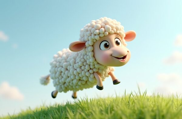 3D sheep with fluffy wool and big eyes jumping joyfully