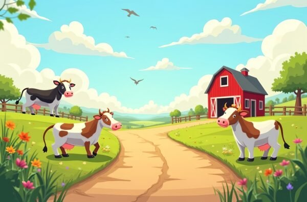 A dirt country road in a cartoon farm setting, with animated cows, red barn, and birds flying overhead
