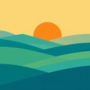 A flat design landscape of fields and rolling hills under a warm orange sun, using only shapes and no outlines