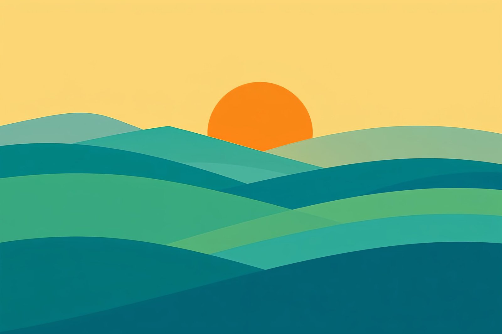 A flat design landscape of fields and rolling hills under a warm orange sun, using only shapes and no outlines