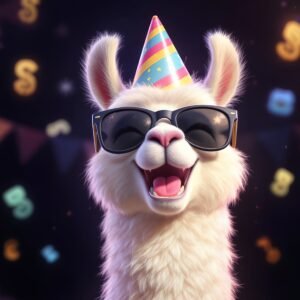 A laughing 3D llama wearing a party hat and sunglasses