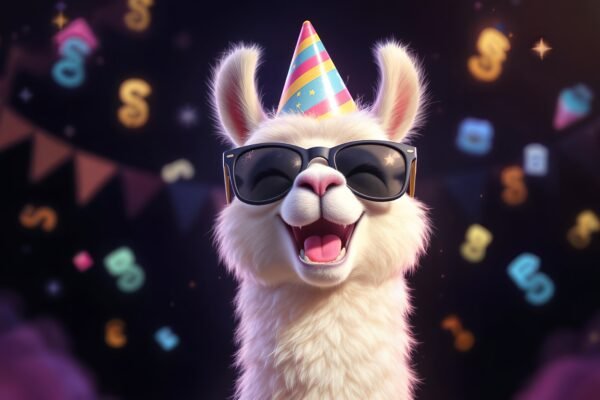 A laughing 3D llama wearing a party hat and sunglasses
