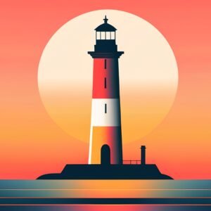 Minimalist illustration of a lighthouse at sunset on a flat-style background.