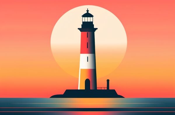 minimalist poster style illustration of lighthouse at sunset
