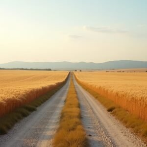 A narrow gravel country road cutting through a vast wheat field, gentle wind bending the stalks, distant hills visible on the horizon