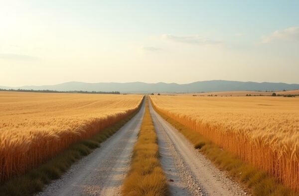 A narrow gravel country road cutting through a vast wheat field, gentle wind bending the stalks, distant hills visible on the horizon
