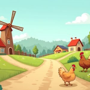 A stylized cartoon country road leading to a small village with houses, windmill turning slowly, chickens crossing the road