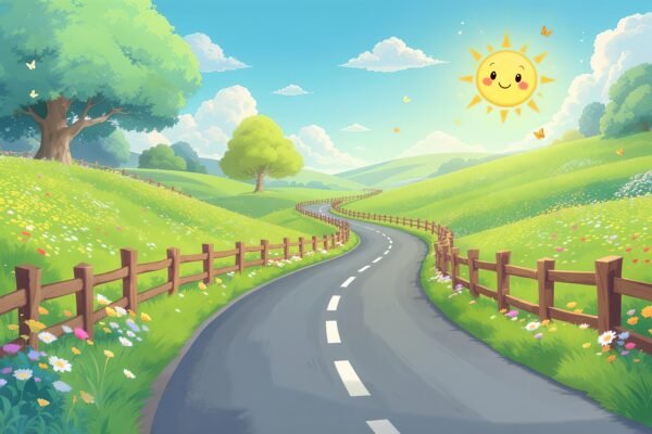 A winding cartoon road through flower-filled meadows with wooden fences, butterflies fluttering, and a smiling sun character