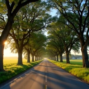 A winding country road lined with tall oak trees under a clear blue sky, green fields on both sides, captured in golden hour lighting