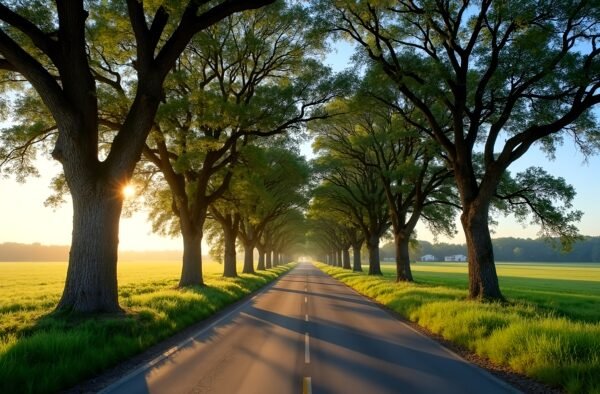 A winding country road lined with tall oak trees under a clear blue sky, green fields on both sides, captured in golden hour lighting