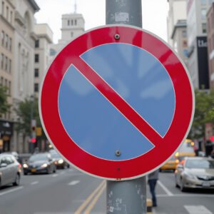 An urban setting with realistic road sign—no parking, amid city traffic