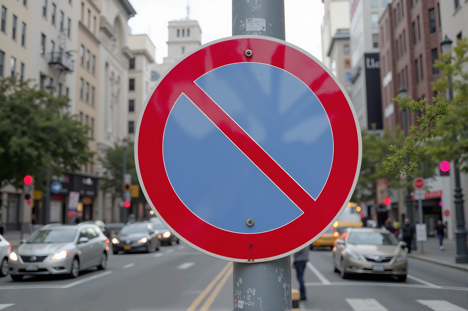 An urban setting with realistic road sign—no parking, amid city traffic