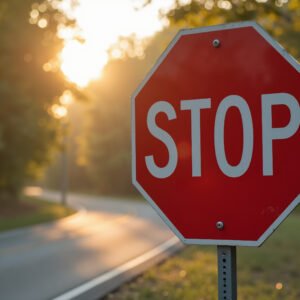 A close-up photograph of a stop road sign at a rural intersection