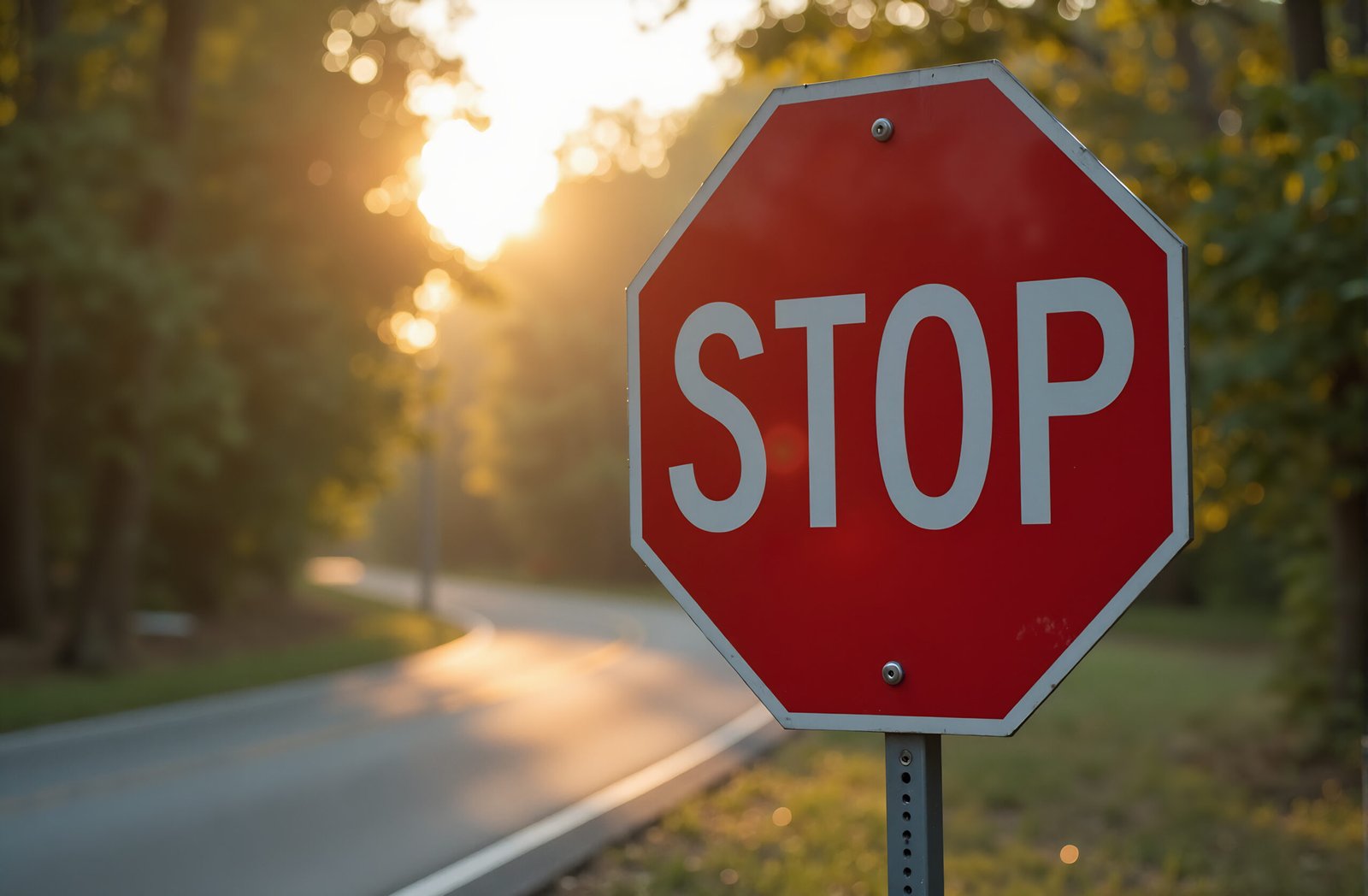 A close-up photograph of a stop road sign at a rural intersection