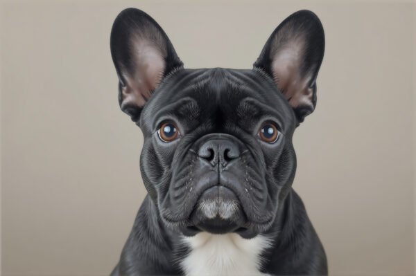 French Bulldog close-up portrait on neutral background, focused on expressive face and bat ears